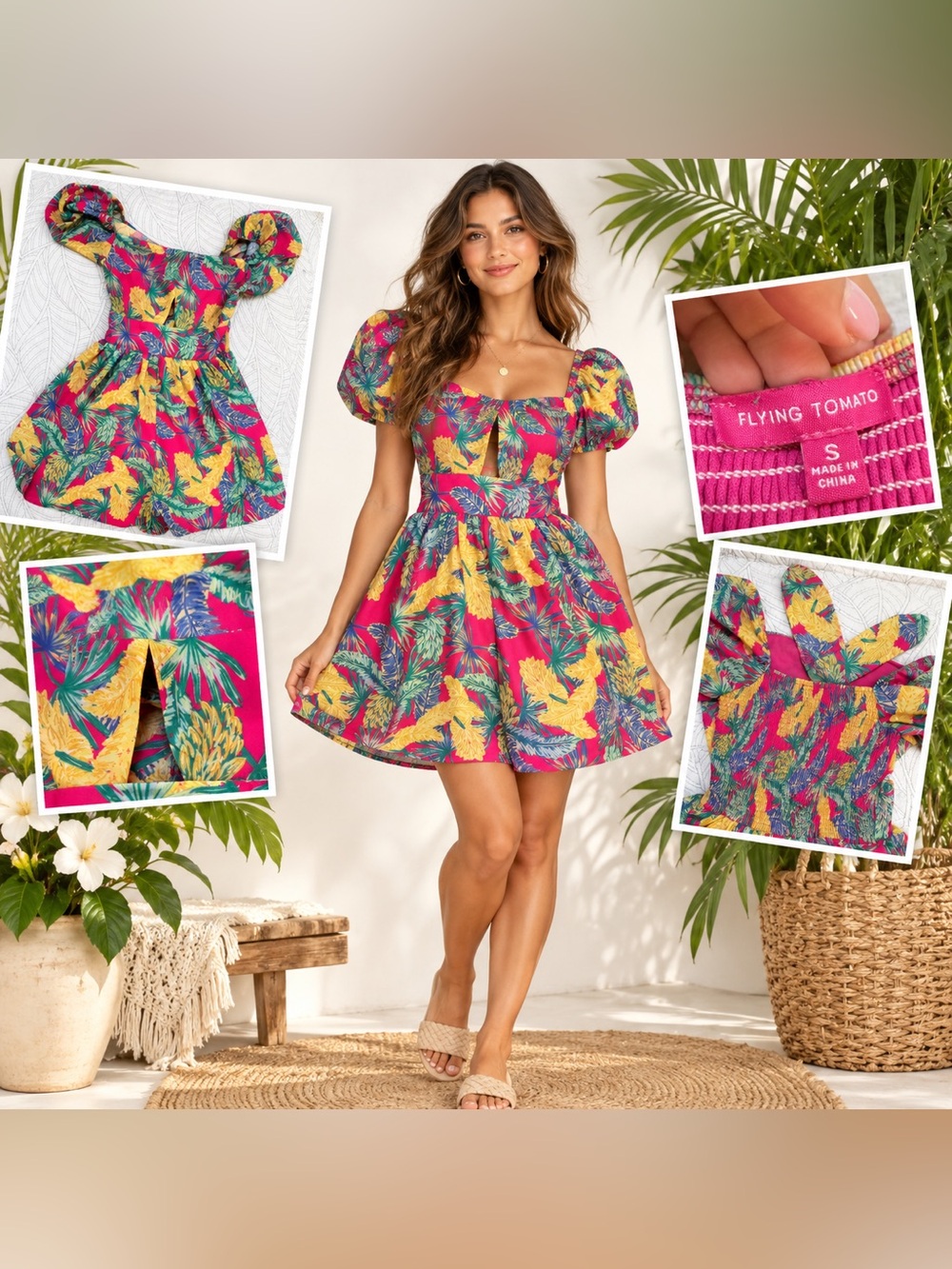 Flying Tomato Pink Tropical Puff Sleeve Cutout Mini Skort Dress S